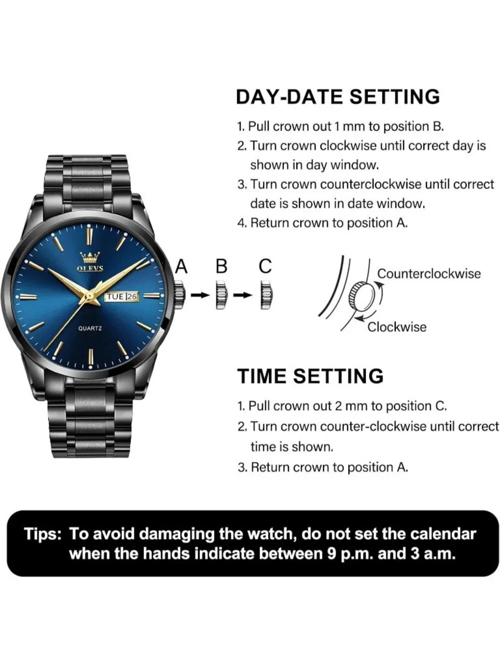 Olevs Men's Black Blue Luxury Stainless Steel Big Analog Quartz Luminous Watch